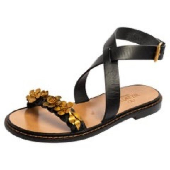 Valentino Garavani brown leather braided strappy sandals gold flower embroidery - Picture 13 of 14